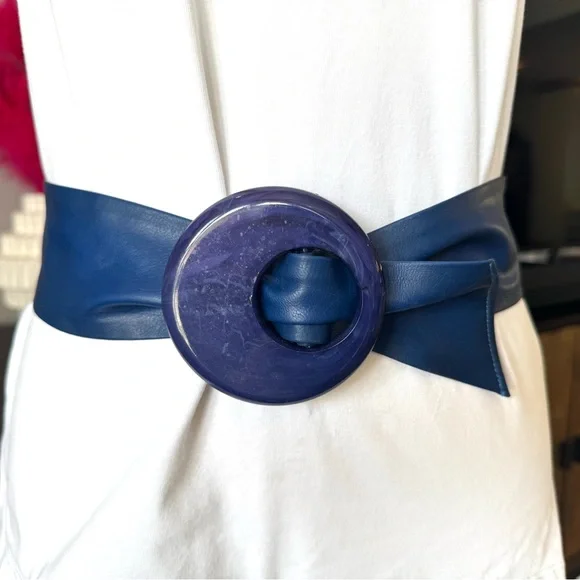 Vintage Blue Leather Belt with Blue Acrylic Buckle - Picture 1 of 7